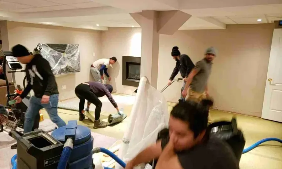 Air movers and a dehumidifier running in a water damaged room of a home