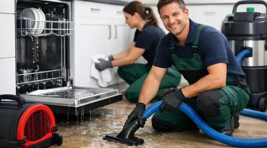 Two technicians extracting water from a kitchen floor beside an open dishwasher