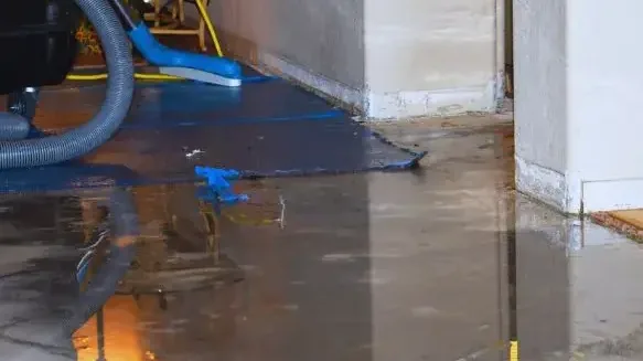 Extraction hose and standing water along a wall after a leak