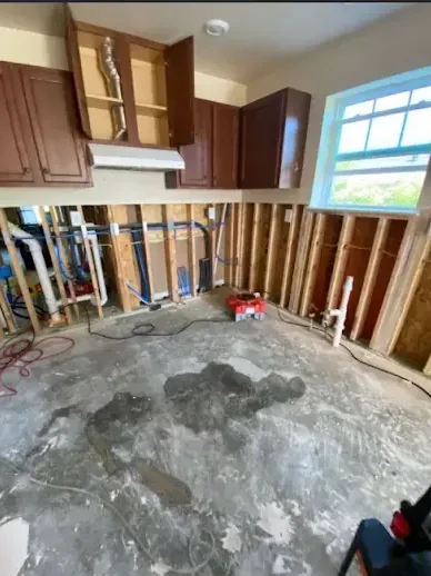Kitchen opened to the studs with the wet drywall removed so the framing can dry
