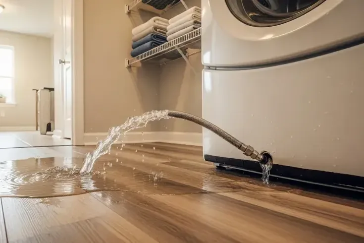 Washing machine supply hose spraying water across a laundry room floor