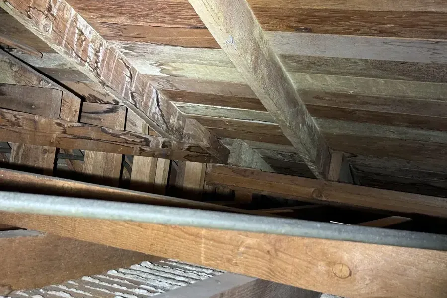 Water-stained roof decking and rafters in an attic after a roof leak