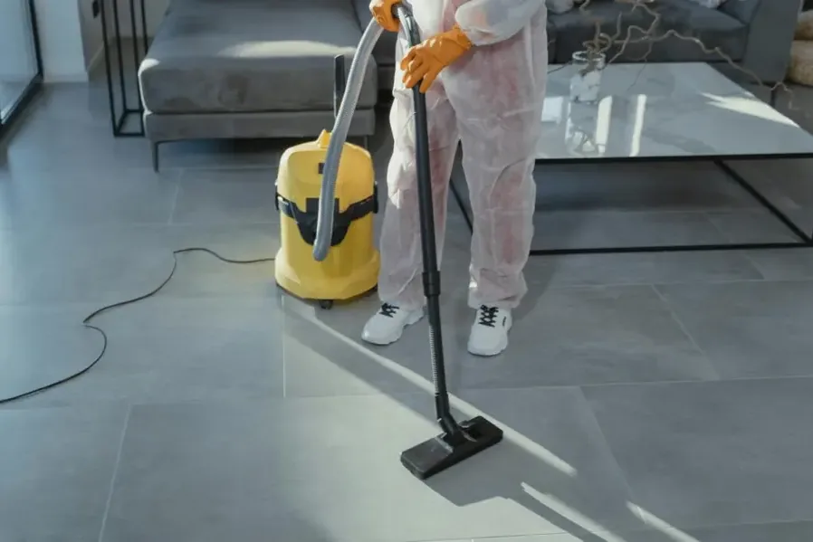 Technician in a protective suit and gloves extracting contaminated water from a floor