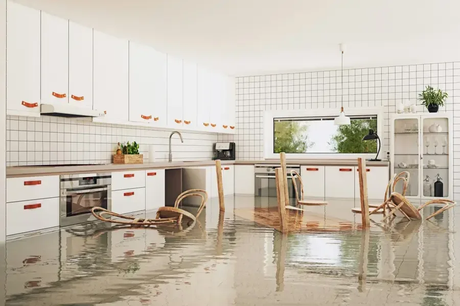 Storm water standing across a kitchen floor inside a home